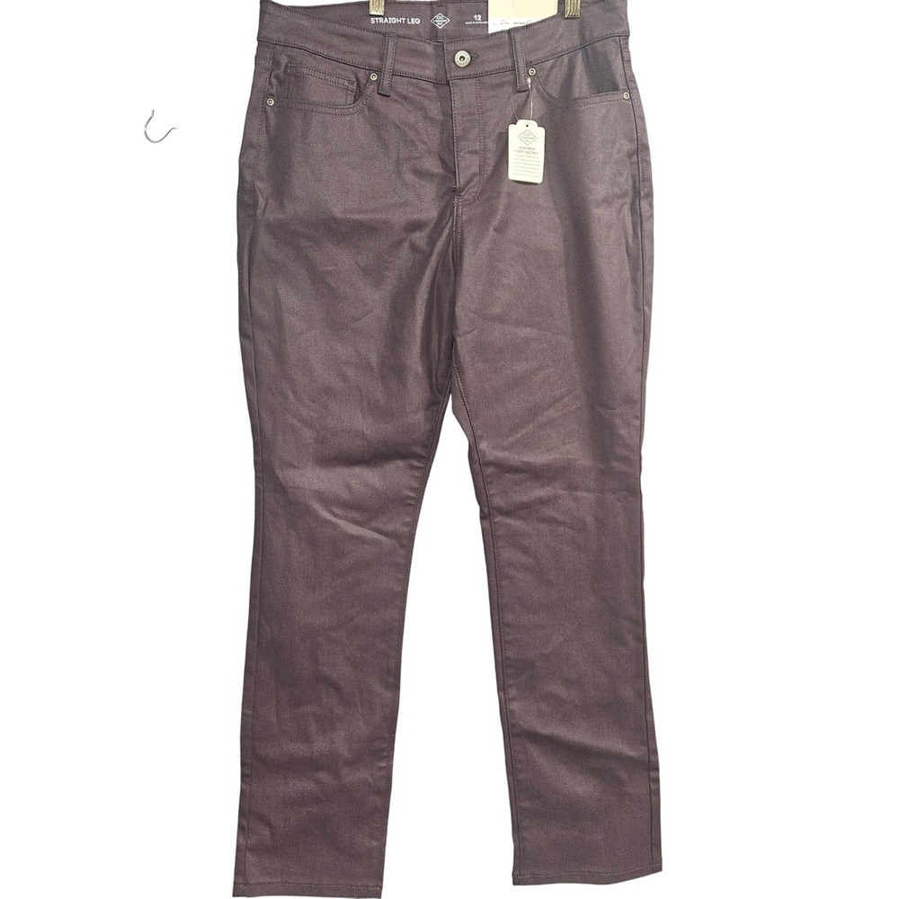 St. Johns Bay Womens Straight Leg Coated Pants Bold Burgundy Size 12 New